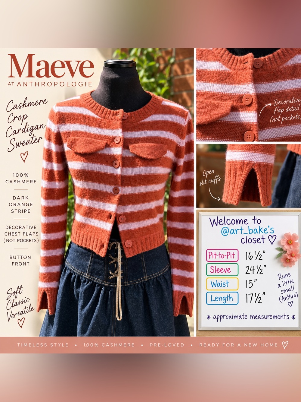 Maeve Anthropologie 100% Cashmere Striped Crop Cardigan XS